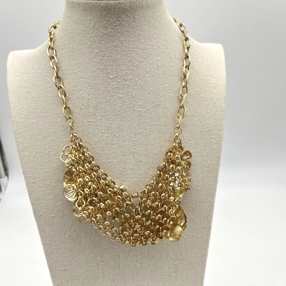 Gold‎ Tone Clutter Statement Necklace Multi Gem Embellished Bib Style Choker